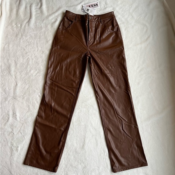 New Guess Brown Carpenter Straight-Leg Leather Pants - Picture 6 of 15